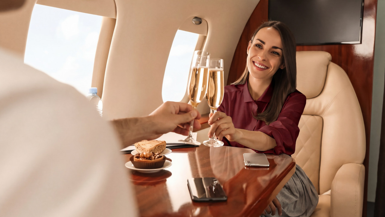 A woman raises a glass of champagne in celebration while seated in an airplane cabin.