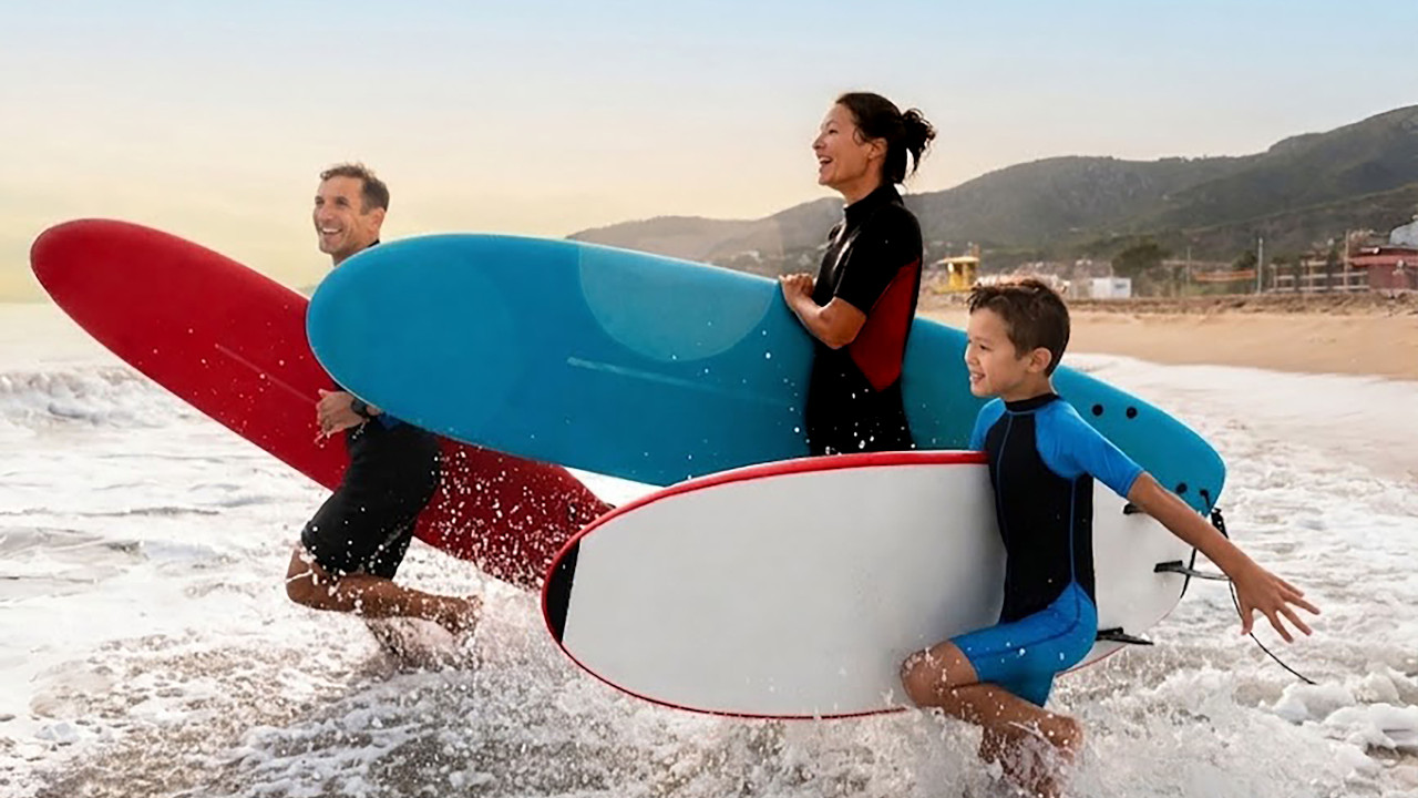 Happy multiracial family having surfing lesson at the beach during summer vacation